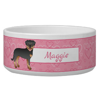 Black And Tan Rottweiler On Pink Hearts &amp; Name Bowl