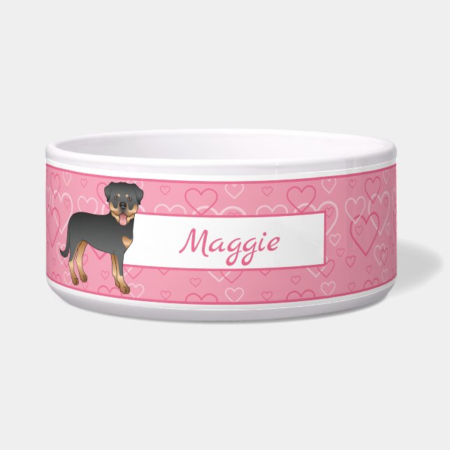 Black And Tan Rottweiler On Pink Hearts & Name Bowl (Front)