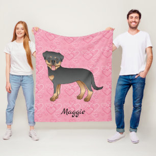 Black And Tan Rottweiler On Pink Hearts & Name Fleece Blanket