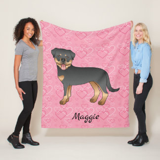 Black And Tan Rottweiler On Pink Hearts &amp; Name Fleece Blanket