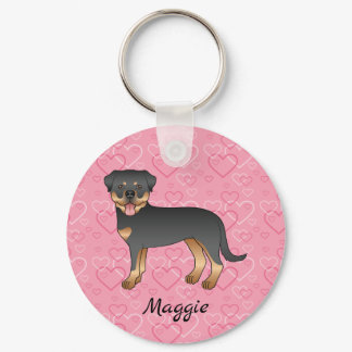 Black And Tan Rottweiler On Pink Hearts &amp; Name Keychain