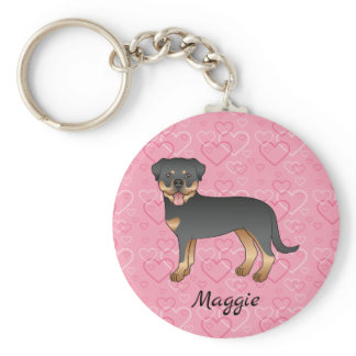Black And Tan Rottweiler On Pink Hearts &amp; Name Keychain
