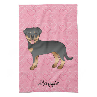 Black And Tan Rottweiler On Pink Hearts &amp; Name Kitchen Towel