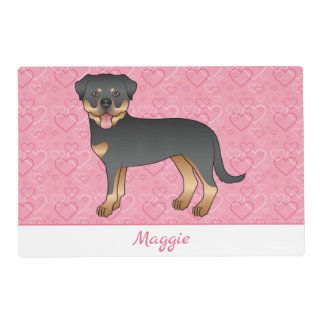 Black And Tan Rottweiler On Pink Hearts &amp; Name Placemat
