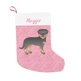 Black And Tan Rottweiler On Pink Hearts &amp; Name Small Christmas Stocking