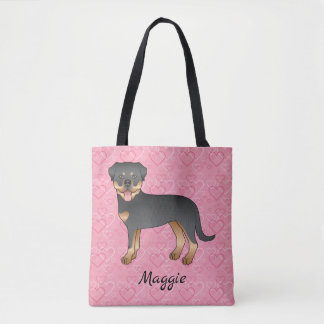 Black And Tan Rottweiler On Pink Hearts &amp; Name Tote Bag