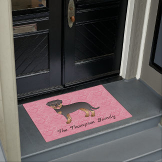 Black And Tan Rottweiler On Pink Hearts &amp; Text Doormat