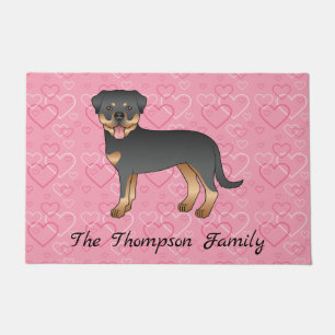 Black And Tan Rottweiler On Pink Hearts & Text Doormat