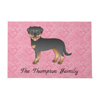 Black And Tan Rottweiler On Pink Hearts &amp; Text Doormat