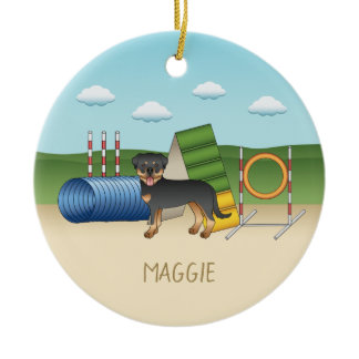 Black And Tan Rottweiler With Agility Equipment Ceramic Ornament