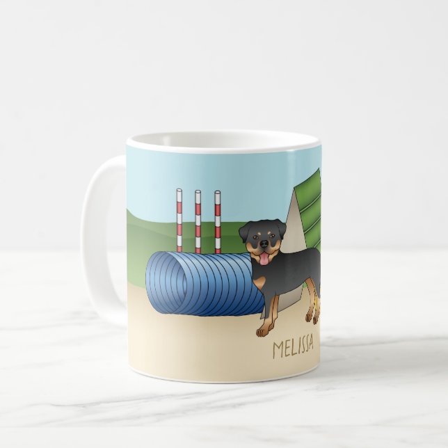 Black And Tan Rottweiler With Agility Equipment Coffee Mug (Front Left)