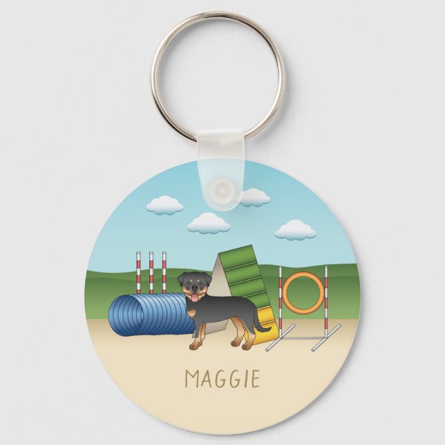 Black And Tan Rottweiler With Agility Equipment Keychain (Front)