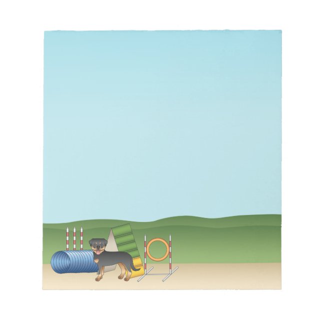 Black And Tan Rottweiler With Agility Equipment Notepad (Front)