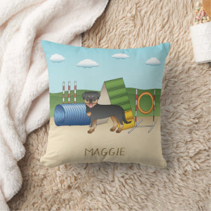 Black And Tan Rottweiler With Agility Equipment Throw Pillow