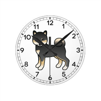 Black And Tan Shiba Inu Cartoon Dog Illustration Round Clock