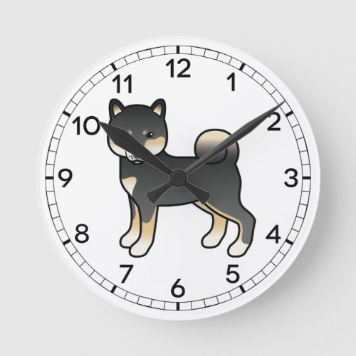 Black And Tan Shiba Inu Cartoon Dog Illustration Round Clock