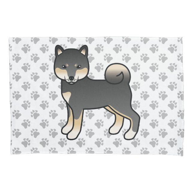 Black And Tan Shiba Inu Cartoon Dog & Paws Pillow Case (Front)