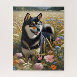 Black and Tan Shiba Inu Dog Wildflowers Field Jigsaw Puzzle