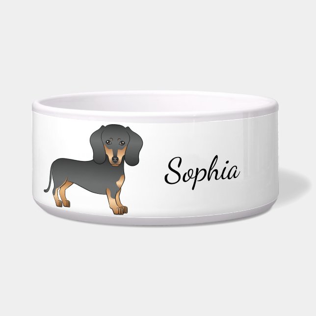 Black And Tan Short Coat Dachshund Cute Dog & Name Bowl (Front)