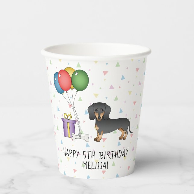 Black And Tan Short Hair Dachshund Happy Birthday Paper Cups (Front)