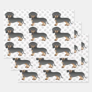 Black And Tan Short Hair Dachshund Pattern & Paws Wrapping Paper Sheets