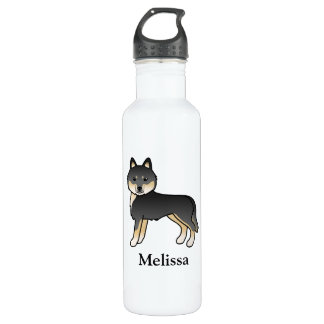 Black And Tan Siberian Husky Cartoon Dog &amp; Name Stainless Steel Water Bottle