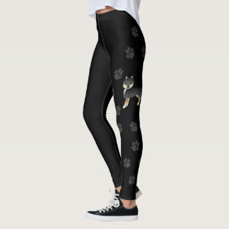 Black And Tan Siberian Husky Cartoon Dog &amp; Paws Leggings