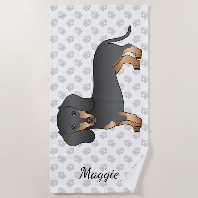 Black And Tan Smooth Coat Dachshund Dog & Name Beach Towel (Front)