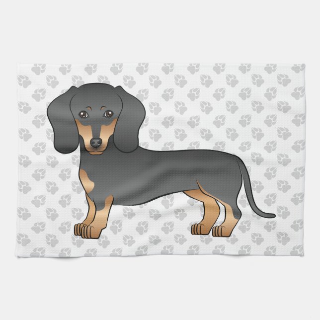 Black And Tan Smooth Coat Dachshund Dog & Paws Kitchen Towel (Horizontal)