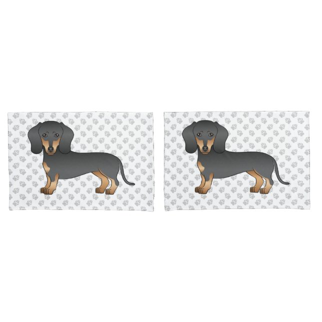 Black And Tan Smooth Coat Dachshund Dog & Paws Pillow Case (Front-Set)