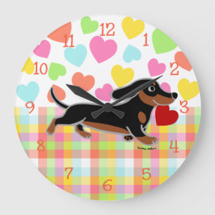 Black and Tan Smooth Dachshund Running Heart Large Clock