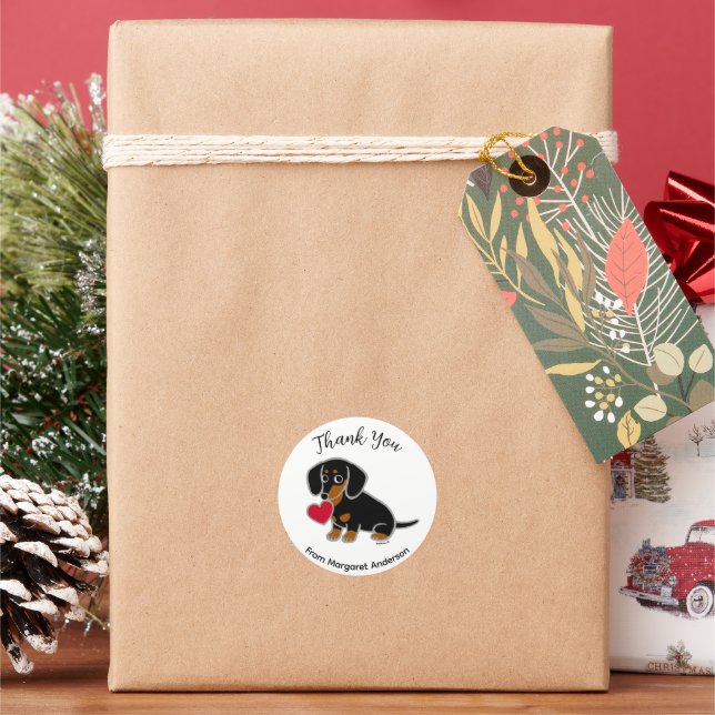 Black and Tan Smooth Haired Dachshund Thank You Classic Round Sticker (Holiday)