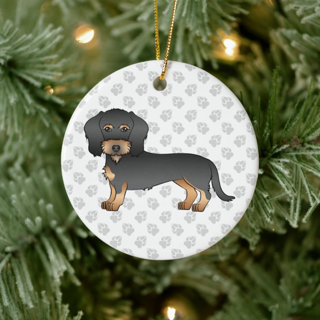 Black And Tan Wire Haired Dachshund Cartoon Dog Ceramic Ornament (Tree)