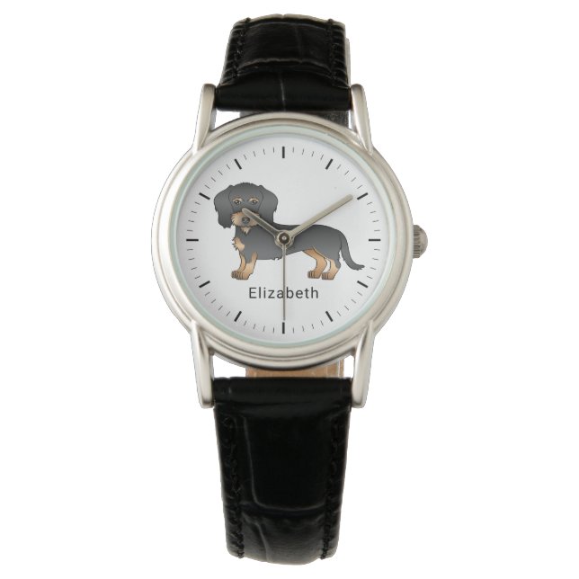 Black And Tan Wire Haired Dachshund Dog & Name Watch (Front)