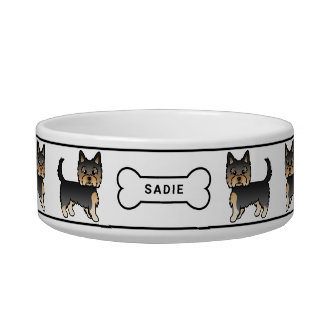 Black And Tan Yorkie Terrier Dogs With Bone &amp; Name Bowl