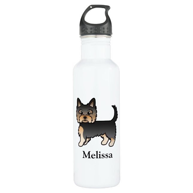 Black And Tan Yorkshire Terrier Cartoon Dog & Name Stainless Steel Water Bottle (Front)