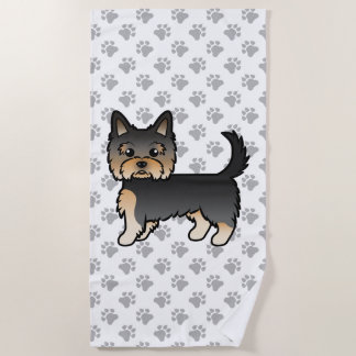 Black And Tan Yorkshire Terrier Cartoon Dog &amp; Paws Beach Towel