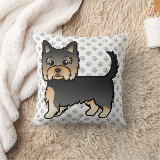 Black And Tan Yorkshire Terrier Cartoon Dog &amp; Paws Throw Pillow