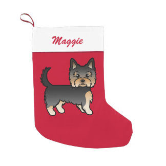Black And Tan Yorkshire Terrier On Red &amp; Name Small Christmas Stocking