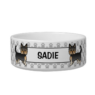 Black And Tan Yorkshire Terrier With Paws And Name Bowl