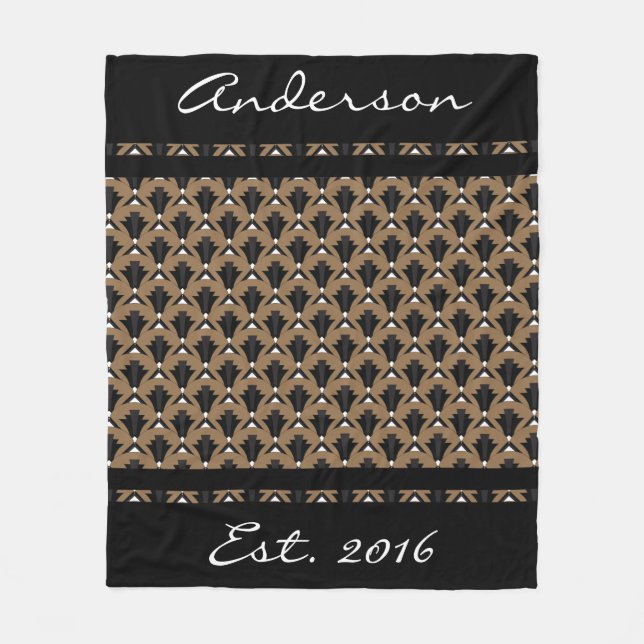 Black and Taupe Art Deco Fans - Personalized Fleece Blanket (Front)