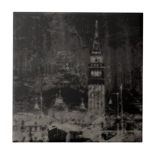 Black and Taupe Distressed Skyline Venice Italy Ceramic Tile