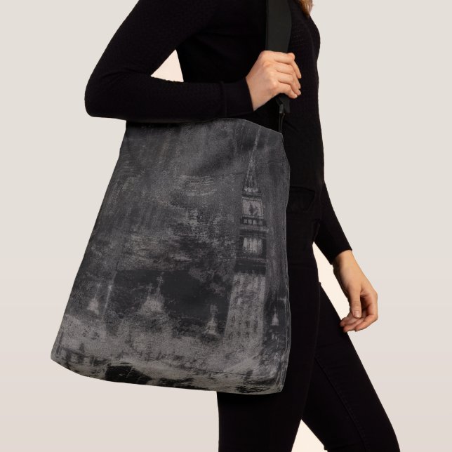 Black and Taupe Distressed Skyline Venice Italy Crossbody Bag (Close Up)