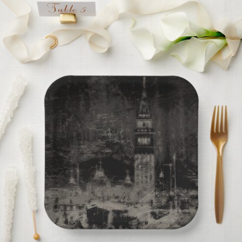Black and Taupe Distressed Skyline Venice Italy Paper Plates