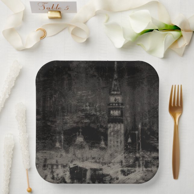 Black and Taupe Distressed Skyline Venice Italy Paper Plates (Wedding)