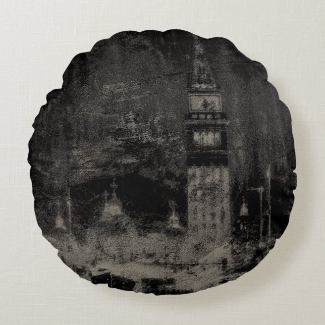 Black and Taupe Distressed Skyline Venice Italy Round Pillow (Front)