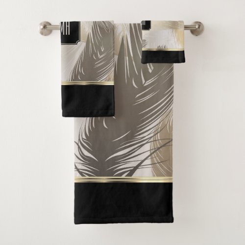 Black and Taupe Feather Pattern with Monogram Bath Towel Set