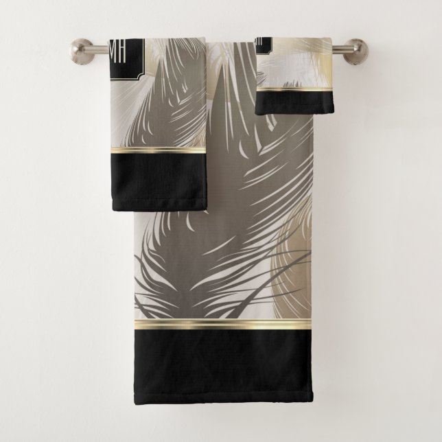 Black and Taupe Feather Pattern with Monogram Bath Towel Set (Insitu)