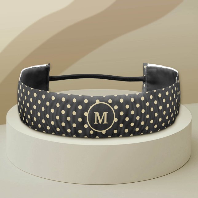 Black and Taupe Polka Dots Custom Monogram Athletic Headband (Custom Monogram Headband)