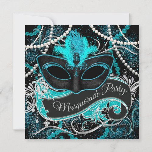 Black and Teal Blue Masquerade Party Invitation